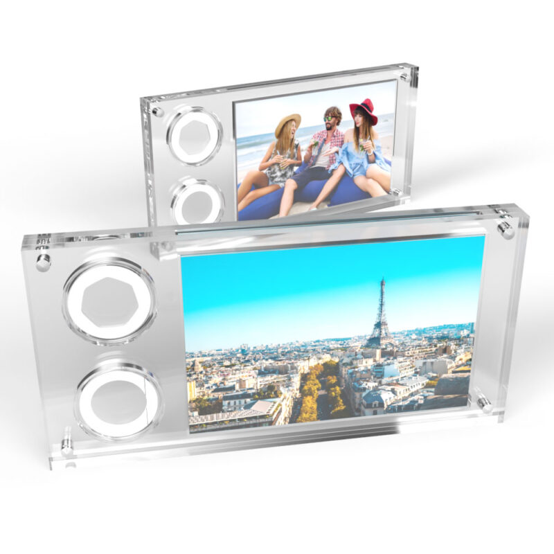 Clear photo frames showing beach and Eiffel Tower.