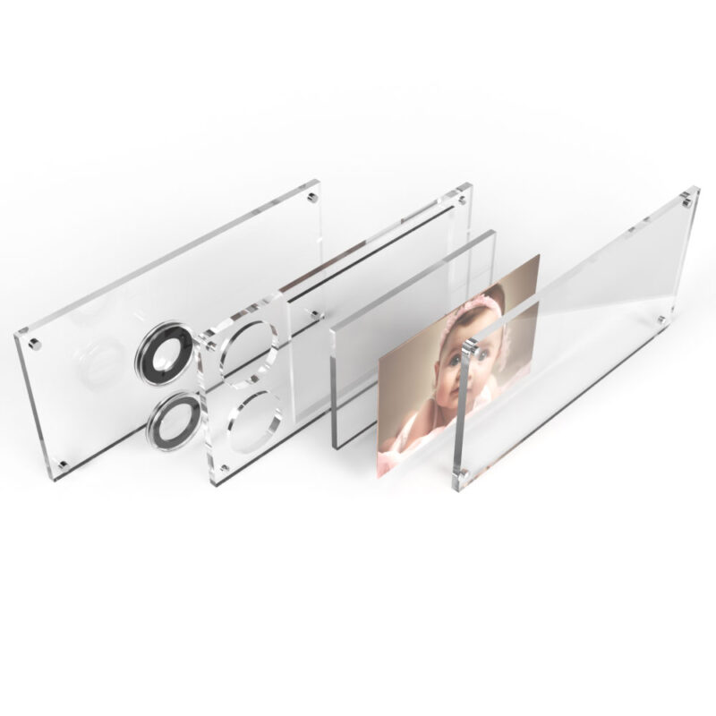 Exploded view of photo frame with baby picture