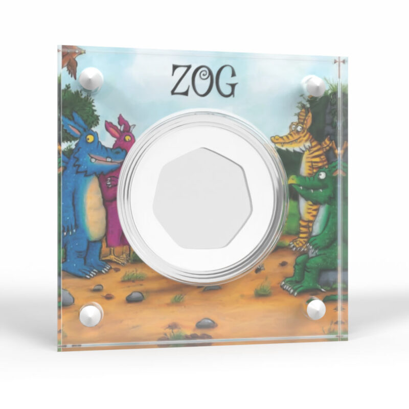 Zog coin display with colourful dragon illustration.