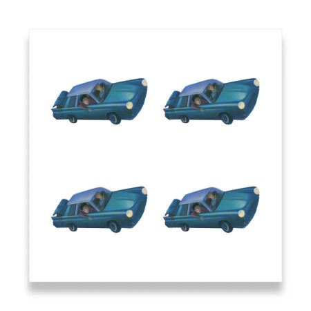 Four blue cars with passengers on white background.