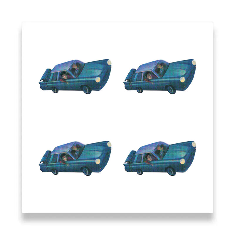 Four blue cars with passengers on white background.