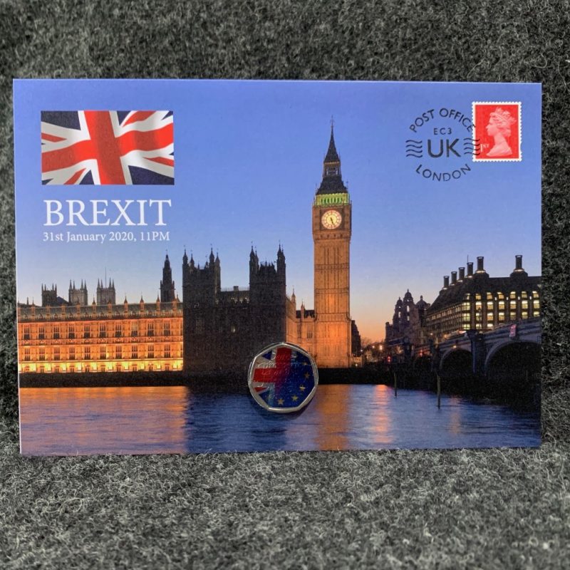 Brexit / Withdrawal from the European Union 2020 UK 50p Coloured Coin and Stamp Cover