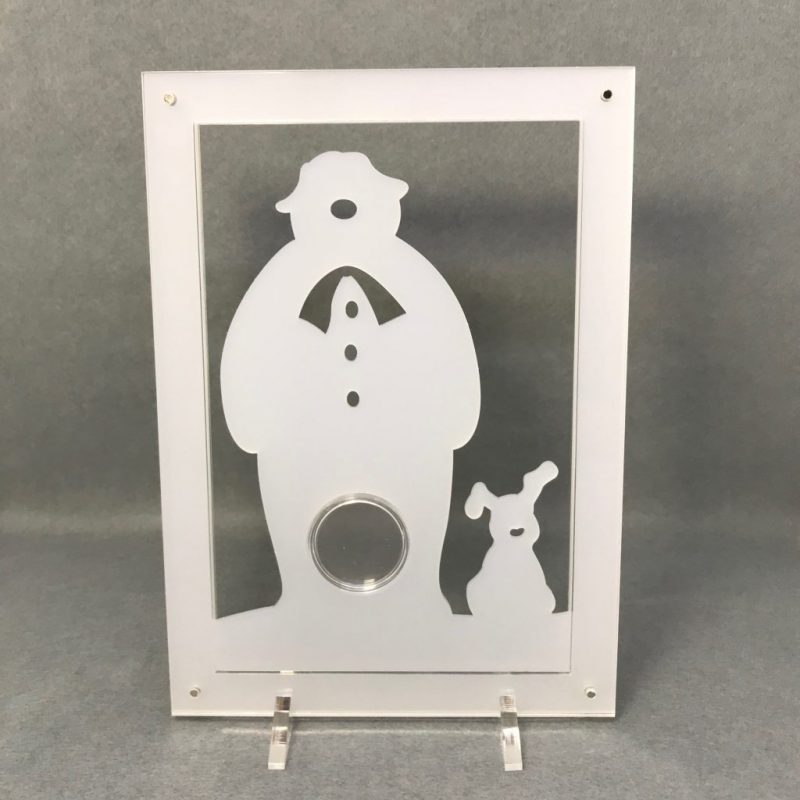 Snowman and Snowdog 50p Coin Display, Acrylic Coin Stand. For Isle of Man Christmas Coin