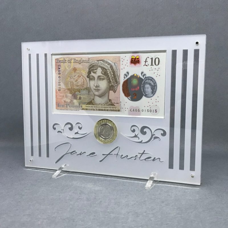Jane Austen £10 note and £2 coin in Stunning Perspex Display