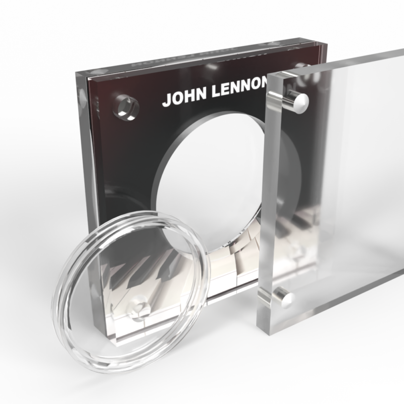 Acrylic display with circular opening, piano keys visible.
