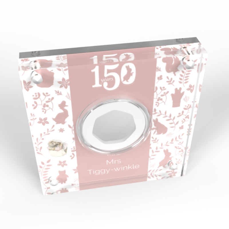 Beatrix Potter commemorative coin design with floral patterns.