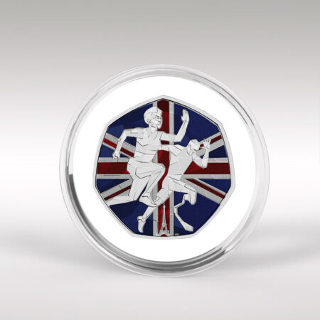 Commemorative coin with British flag and athletes