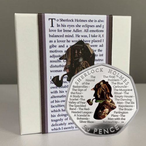 Sherlock Holmes 50p Coloured Decal Detail Uncirculated in Perspex Display