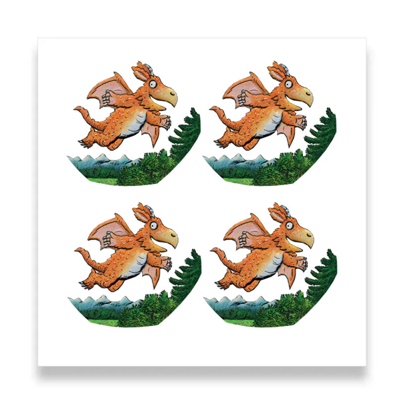 Four cartoon dragons flying over greenery.