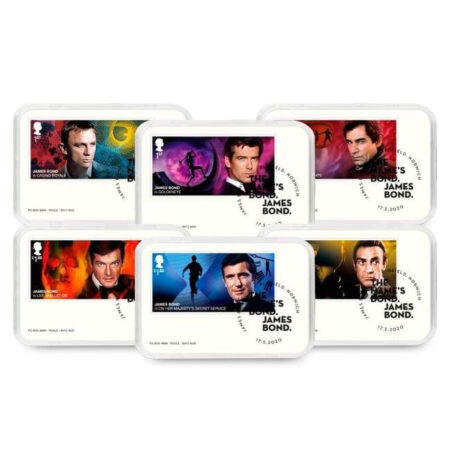 James Bond postage stamps collection display.