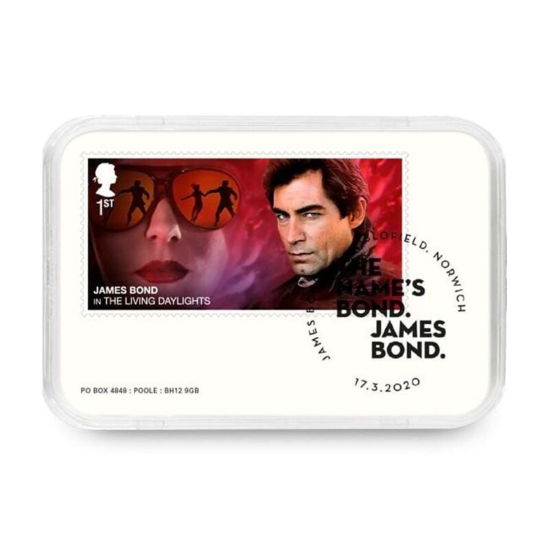 James Bond stamp in a plastic case.