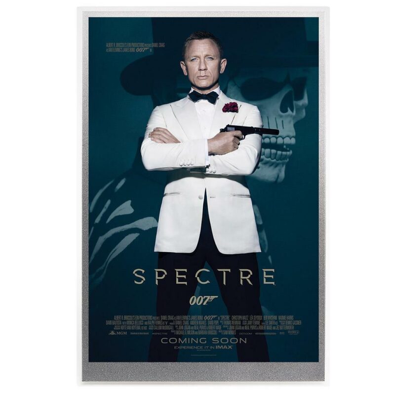 Spectre movie poster with tuxedoed man holding gun.