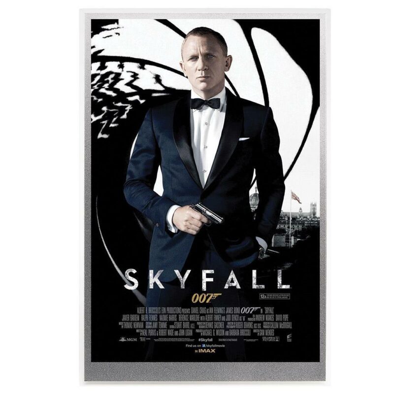 Skyfall movie poster with tuxedoed man holding gun.